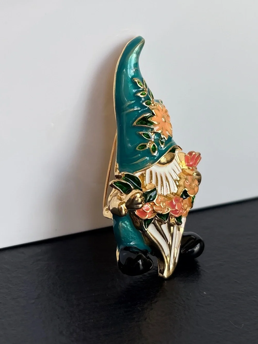 Teal Floral Gnome Enamel Brooch